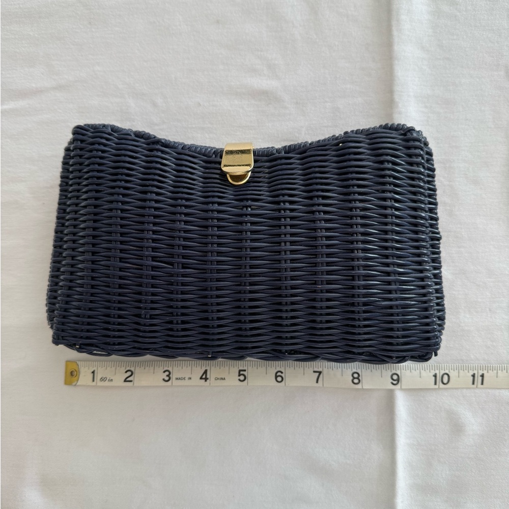 Vintage Magid navy blue Straw Clutch with gold tone chain optional strap